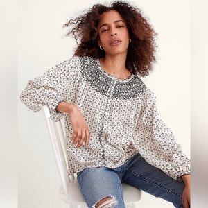 Embroidered Crinkle Cotton Button Top